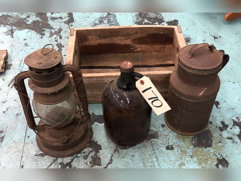 DIETZ LANTERN, ONE GALLON GLASS JUG, BOWMAN CHICAGO METAL JUG WITH WOODEN 7UP CRATE