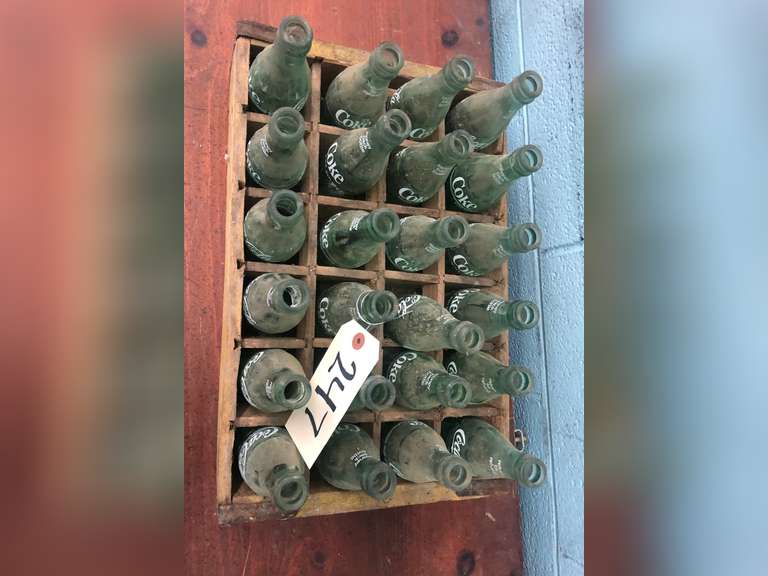 ASSORTED COKE BOTTLES AND CRATE (24 TOTAL)