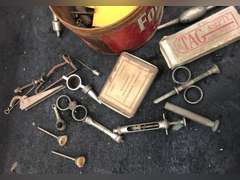 ANTIQUE FOLGERS CAN WITH MISC MEDICAL SYRINGES