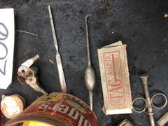 ANTIQUE FOLGERS CAN WITH MISC MEDICAL SYRINGES