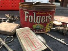 ANTIQUE FOLGERS CAN WITH MISC MEDICAL SYRINGES
