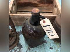 DIETZ LANTERN, ONE GALLON GLASS JUG, BOWMAN CHICAGO METAL JUG WITH WOODEN 7UP CRATE