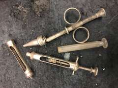 ANTIQUE FOLGERS CAN WITH MISC MEDICAL SYRINGES