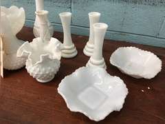 ASSORTED WHITE MILK GLASS