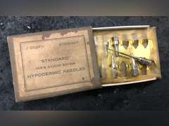 ANTIQUE FOLGERS CAN WITH MISC MEDICAL SYRINGES