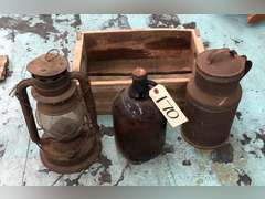 DIETZ LANTERN, ONE GALLON GLASS JUG, BOWMAN CHICAGO METAL JUG WITH WOODEN 7UP CRATE