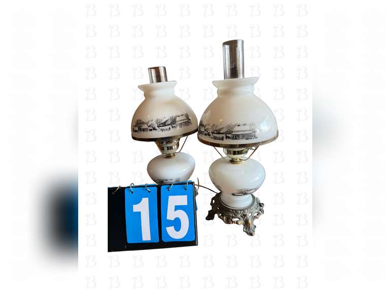 Milk Glass Lamps with Winter Scene (2)