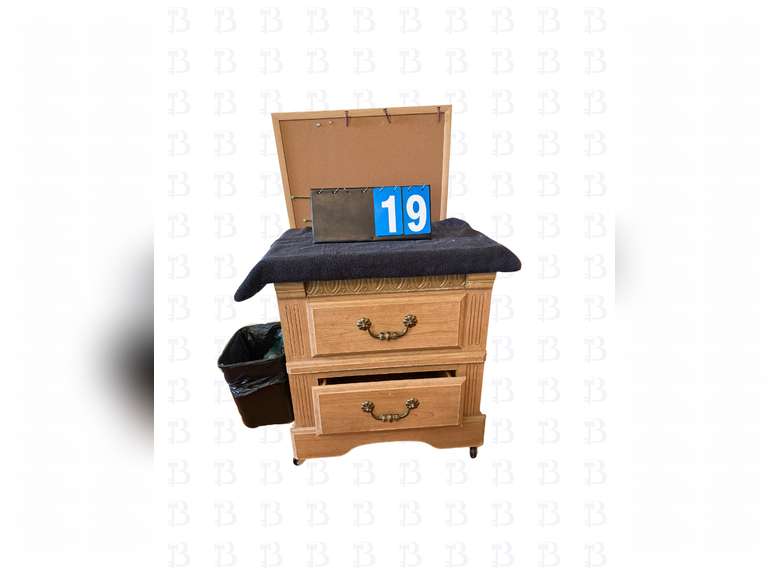 Wheeled nightstand with bulletin board and trashcan attached