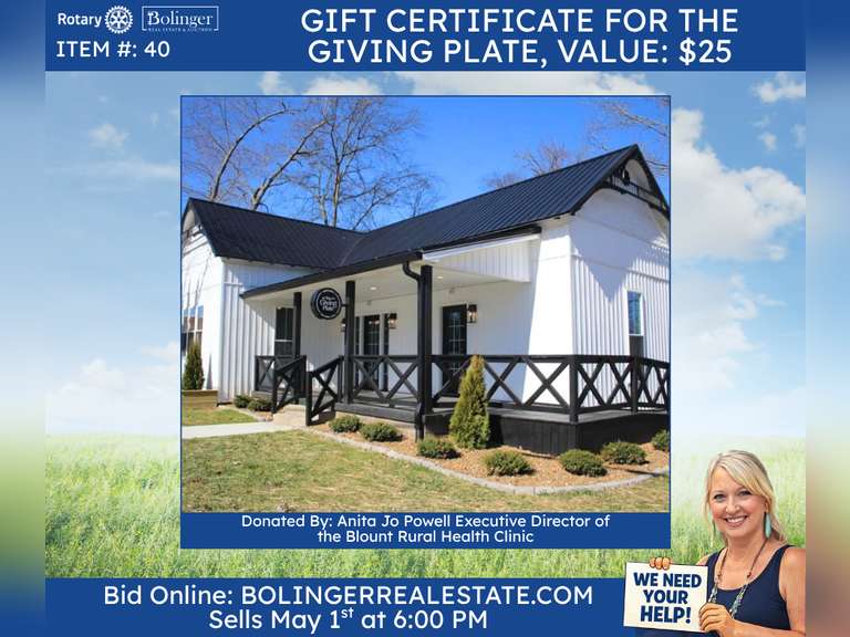 $25 gift certificate for The Giving Plate in Russellville, Ky