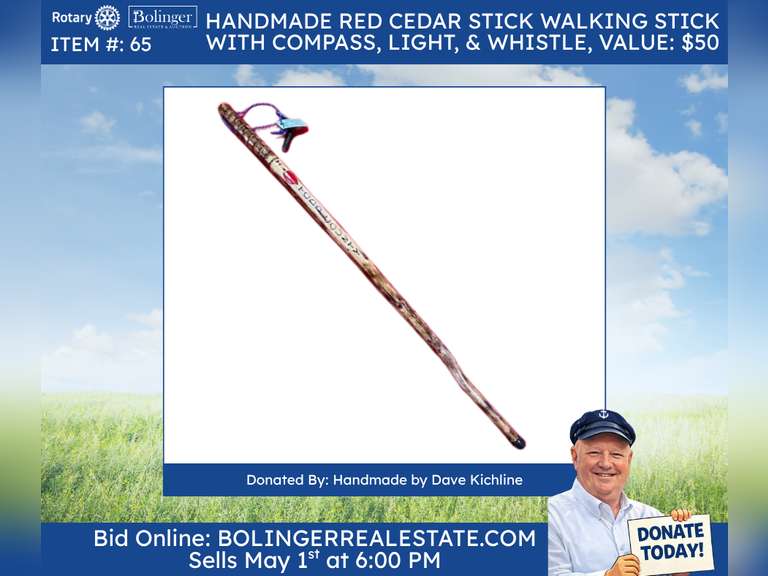 Red Cedar Stick walking stick with compass, light and Whistle