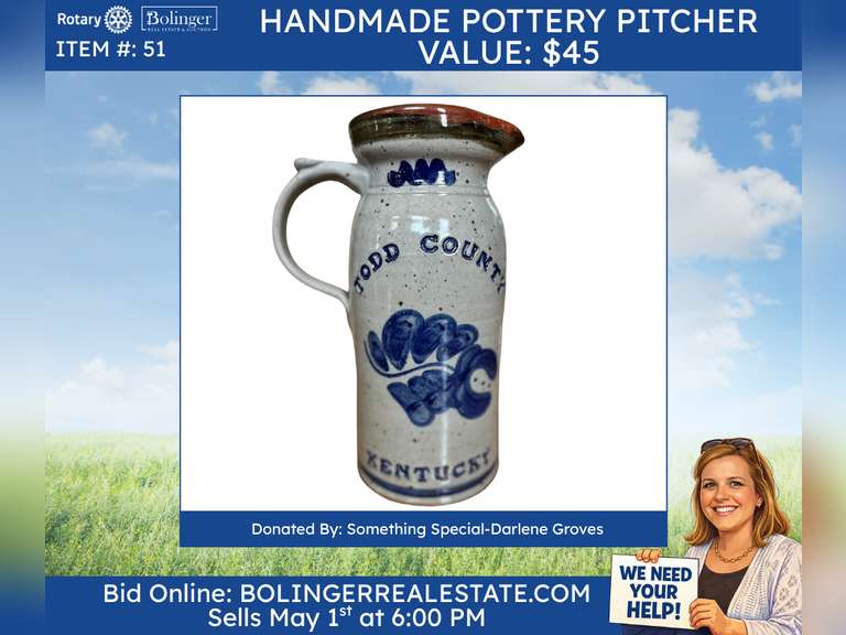 “Todd County Kentucky” handmade pottery pitcher. 10” tall