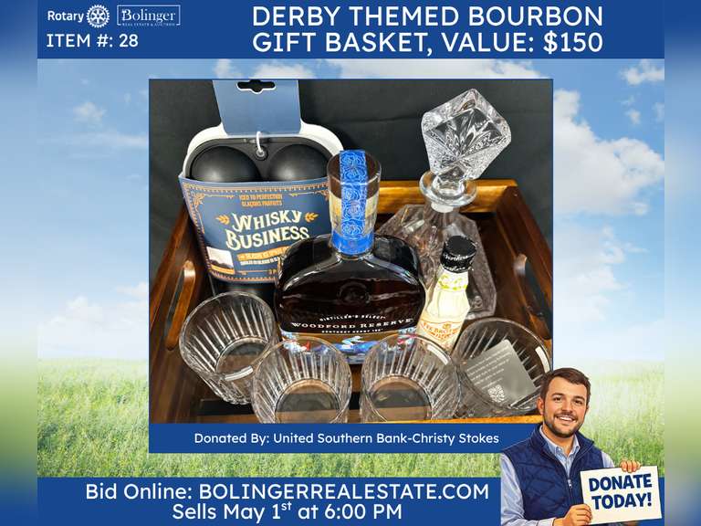 Derby-themed Bourbon Gift Baskets includes a 2026 Commemorative Kentucky Derby bottle of Woodford Re