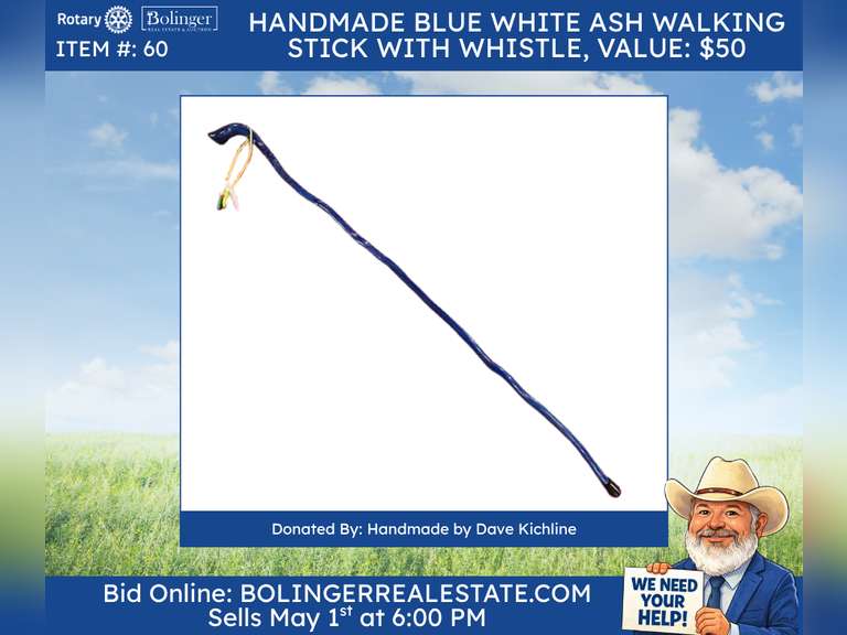Handmade Blue White Ash Walking Stick with Whistle