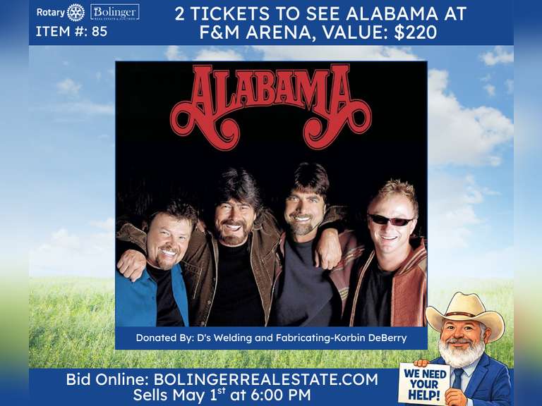 2 tickets to see Alabama at F&M Arena in Clarksville, Tn
