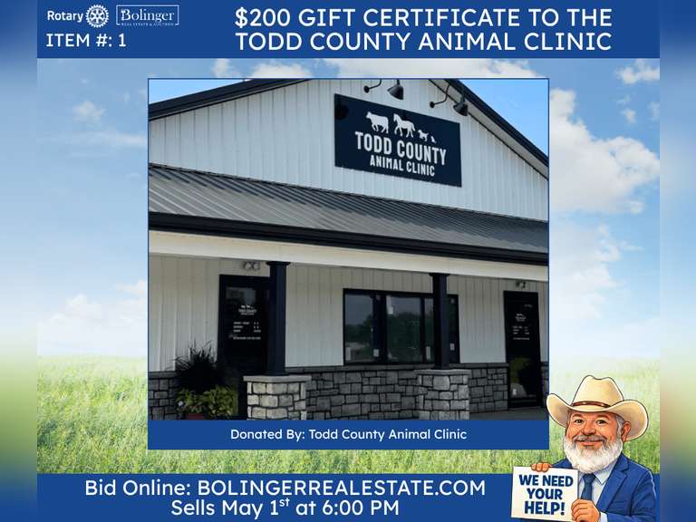 $200 Gift Certificate to the Todd Co Animal Clinic