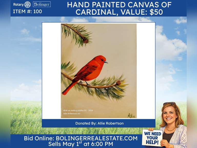 11x14 hand painted canvas of Cardinal by Allie Robertson