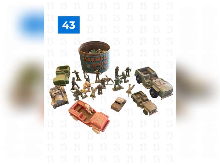 Vintage Little Green Army Men, 5 Military Cars, Marbles,& Maxwell Coffee House Container