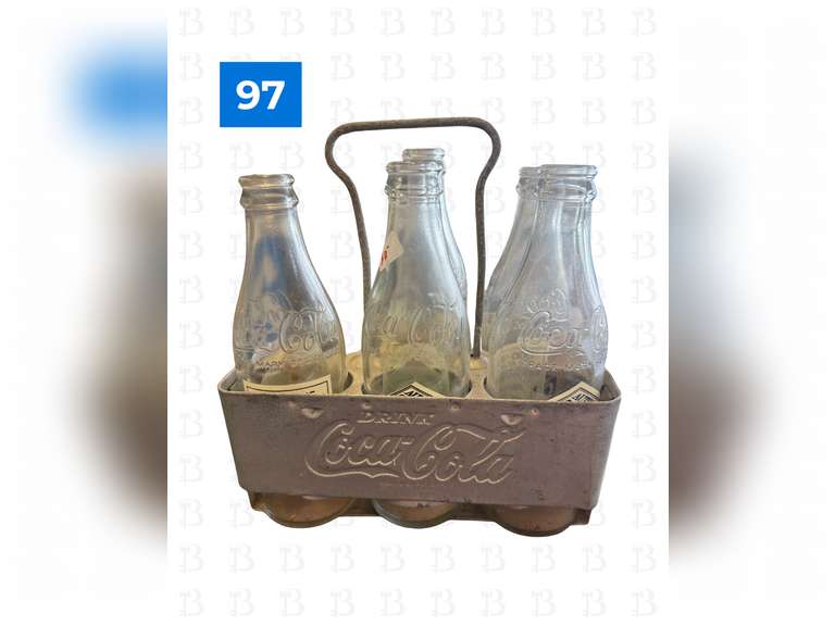 5 - 75th Anniversary Empty Coke Bottles with Carrier & 3 Additional Glass Coke Bottles
