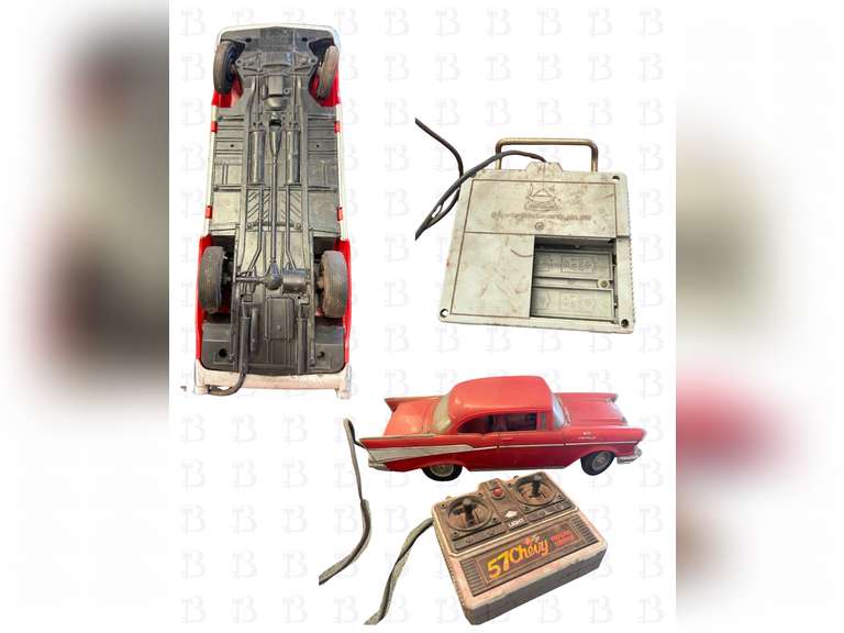 57 Chevy Remote Control Car by New Bright, Metal Chevy, 1988 Chevy Pickup, White metal chevy
