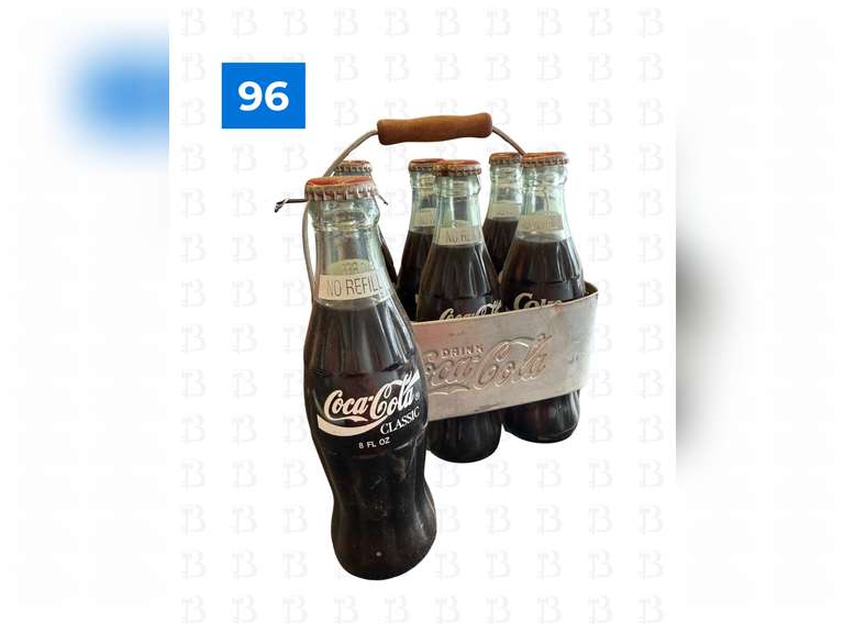 6 Full Vintage Coke Bottles with Wooden Handle Carrier