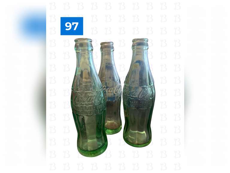 5 - 75th Anniversary Empty Coke Bottles with Carrier & 3 Additional Glass Coke Bottles