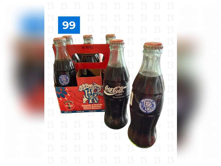 UK National Champions 6 Glass Coke Bottles with UK Carrier & 2 Glass Pepsi "Have a Kentucky Pepsi" (