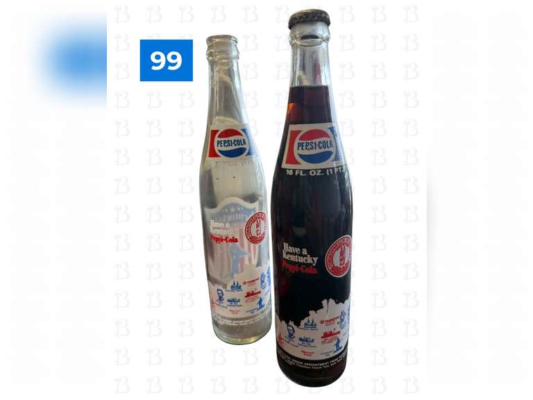 UK National Champions 6 Glass Coke Bottles with UK Carrier & 2 Glass Pepsi "Have a Kentucky Pepsi" (