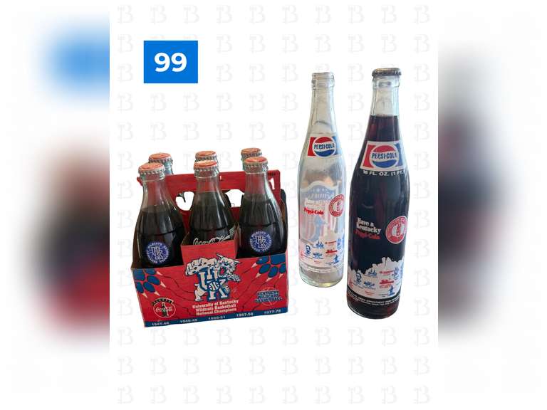 UK National Champions 6 Glass Coke Bottles with UK Carrier & 2 Glass Pepsi "Have a Kentucky Pepsi" (