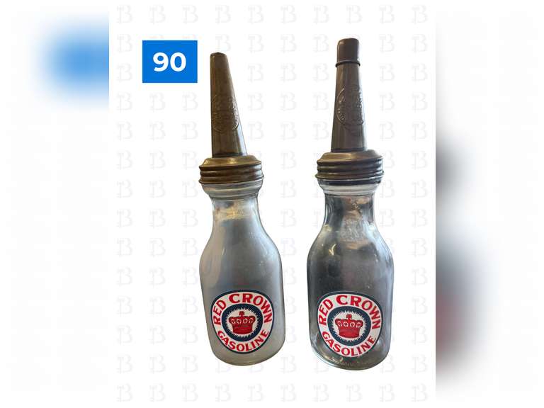 Red Crown Gasoline One Liquid Quart Glass Containers, Gulf Refining Co Bottle, Three in One Oil Bott