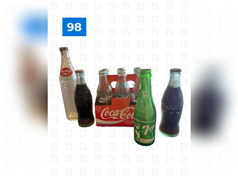6 Empty Glass Cokes with Paper Carrier, 2 Full Glass Bottle Cokes, 7-Up Glass Bottle, Double Cola Gl