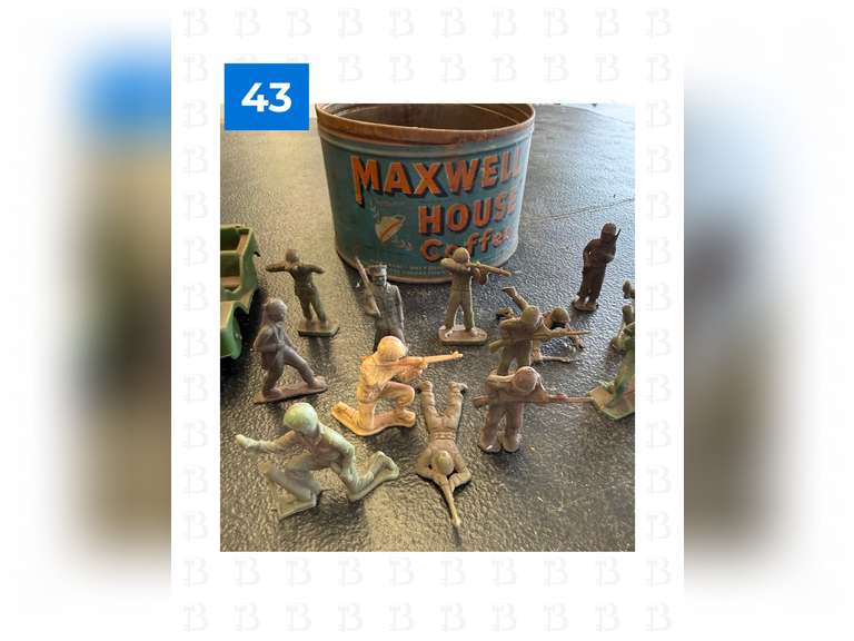 Vintage Little Green Army Men, 5 Military Cars, Marbles,& Maxwell Coffee House Container