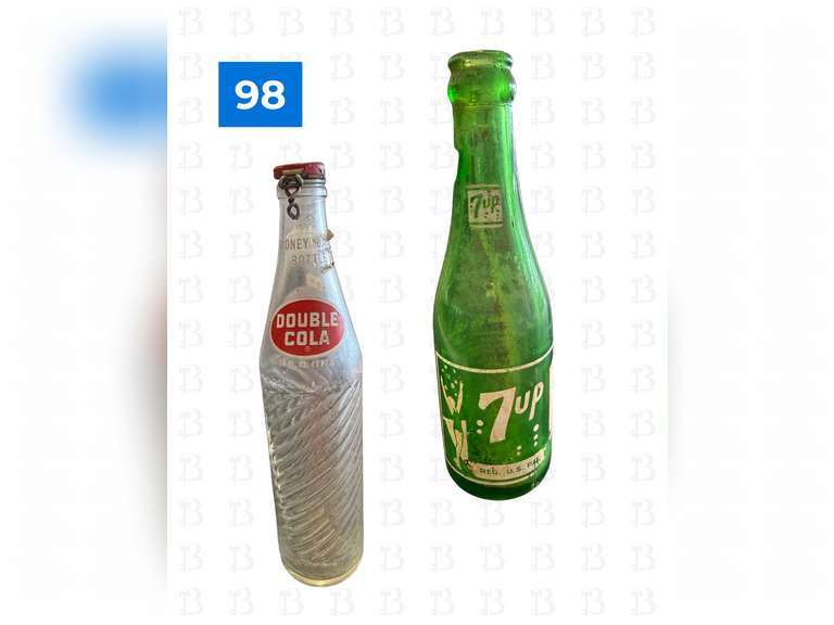 6 Empty Glass Cokes with Paper Carrier, 2 Full Glass Bottle Cokes, 7-Up Glass Bottle, Double Cola Gl