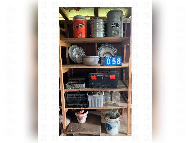 Coolers, aluminum tins, hardware, bottles, and jugs, small gas tanks