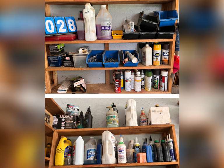 A lot of miscellaneous lubricant, pesticides, chemicals, and hardware. Shelf comes with.