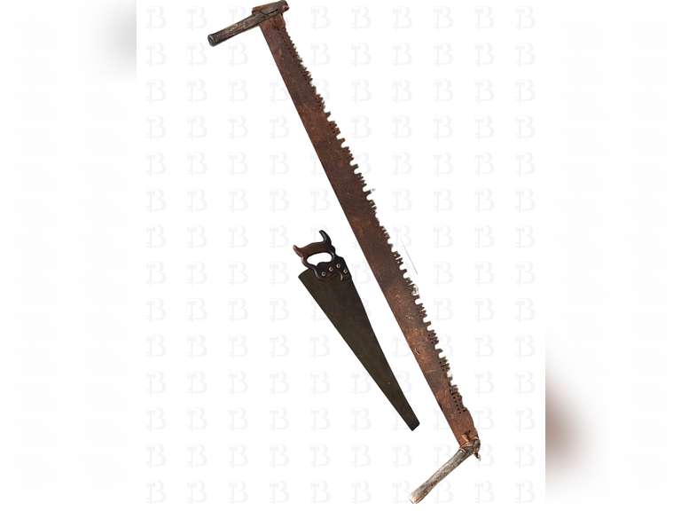 Antique saws and duel pulley hoist