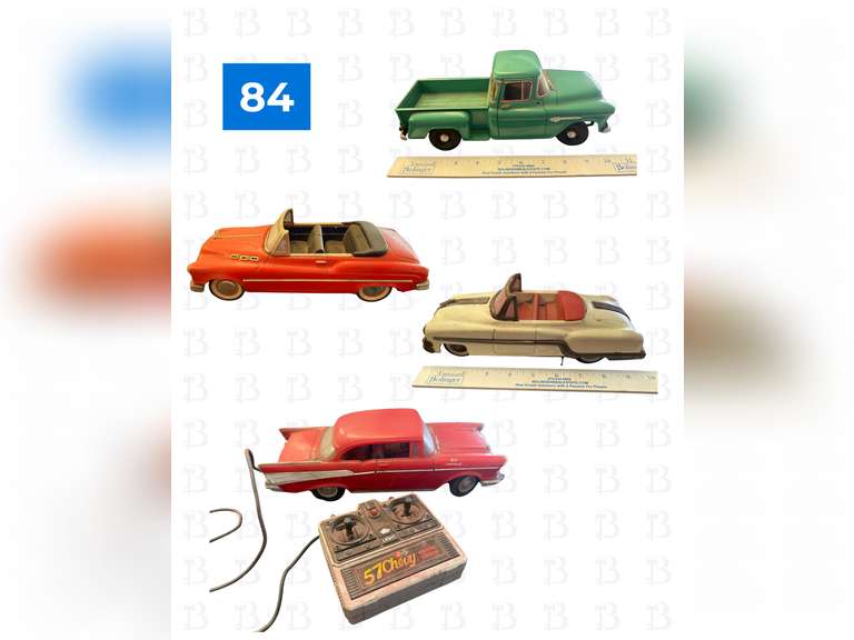 57 Chevy Remote Control Car by New Bright, Metal Chevy, 1988 Chevy Pickup, White metal chevy