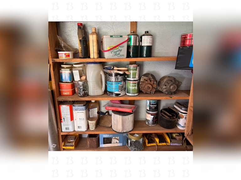 A lot of miscellaneous lubricant, pesticides, chemicals, and hardware. Shelf comes with.
