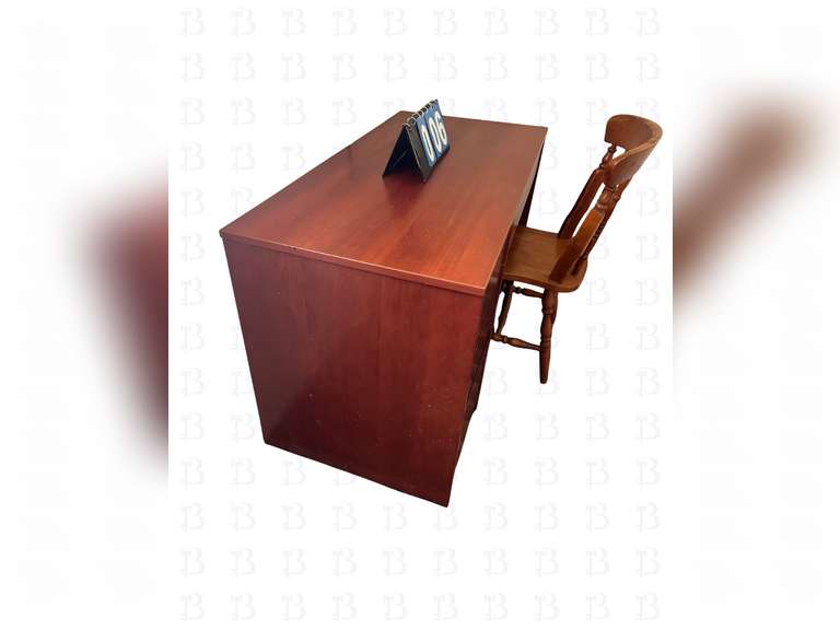 Computer desk, bookshelf, and wooden chair
