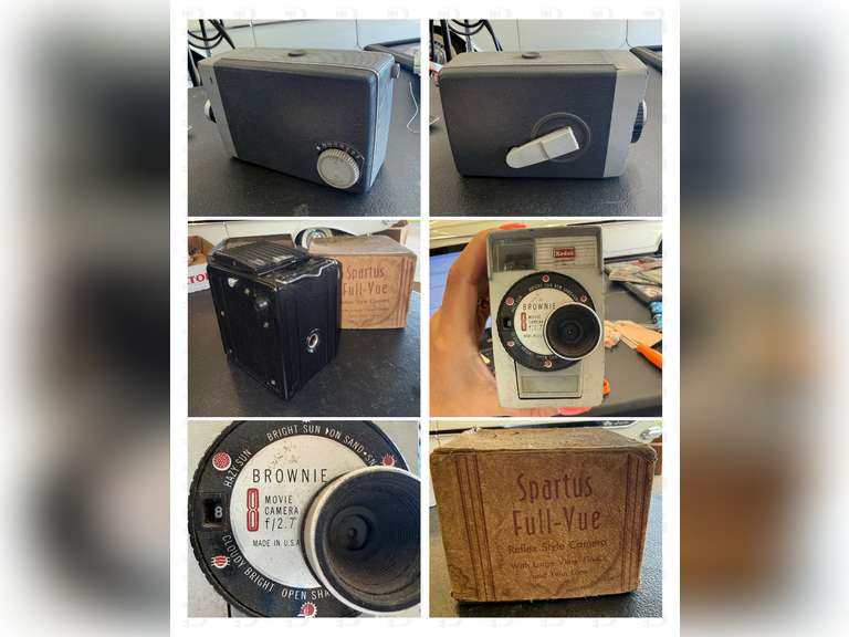 Vintage Eastman Kodak Brownie 8 8mm Movie Camera, 1950s Flash Brownie Camera, & Vintage Spartus Full