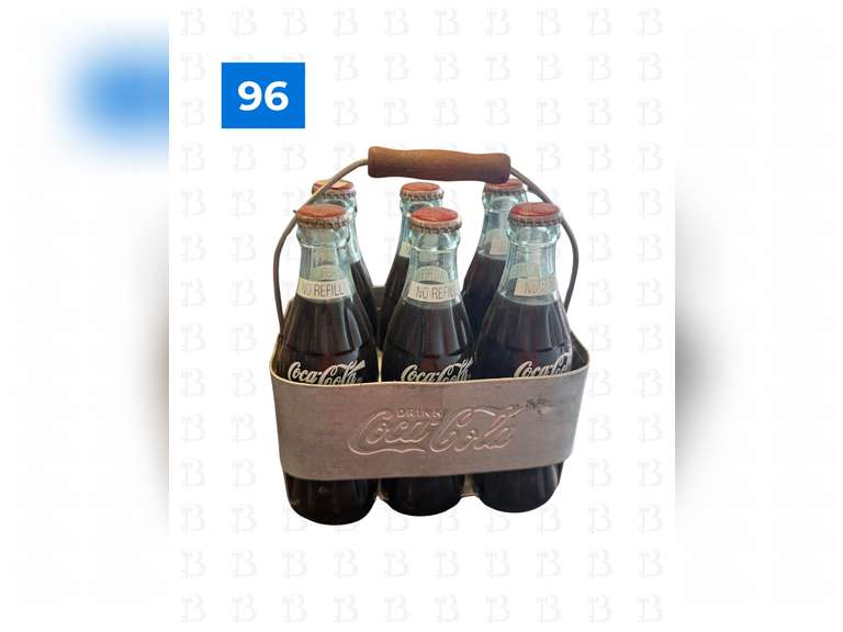 6 Full Vintage Coke Bottles with Wooden Handle Carrier