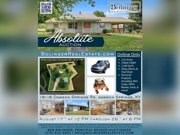 Absolute Auction: 3BD/1BTH Home in Dawson Springs