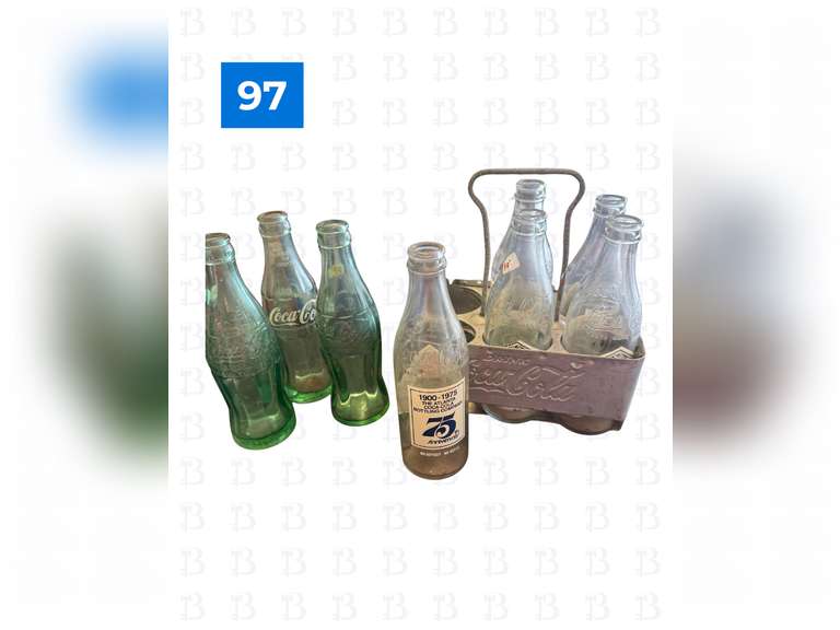 5 - 75th Anniversary Empty Coke Bottles with Carrier & 3 Additional Glass Coke Bottles