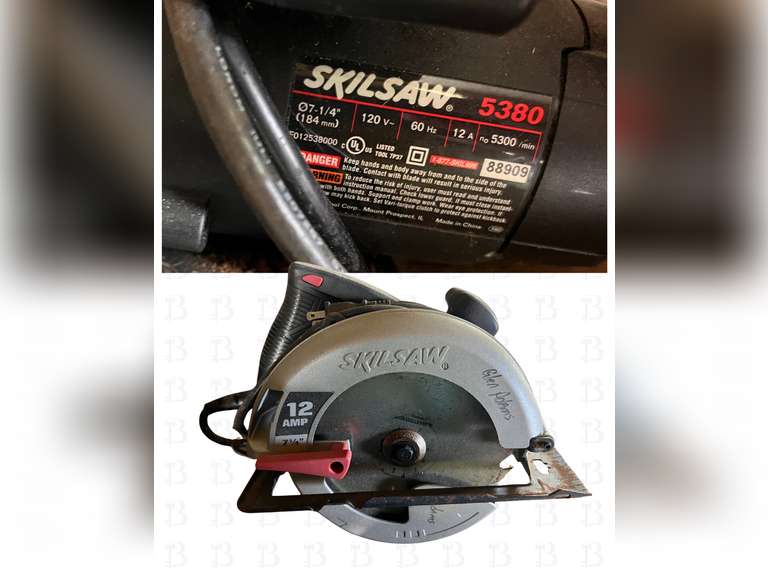 Bench grinder,Poulan 16 inch gas chainsaw, 7 1/4 inch Skil saw circular saw and palm sander