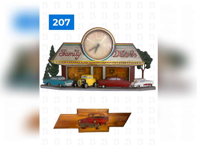 1988 Burwood Products Family Drive-In Clock & Chevrolet Bel Air Wood Sign