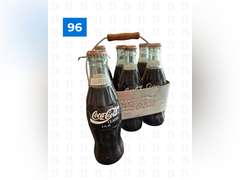 6 Full Vintage Coke Bottles with Wooden Handle Carrier