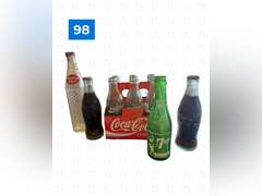6 Empty Glass Cokes with Paper Carrier, 2 Full Glass Bottle Cokes, 7-Up Glass Bottle, Double Cola Gl