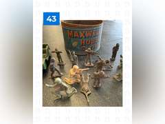 Vintage Little Green Army Men, 5 Military Cars, Marbles,& Maxwell Coffee House Container