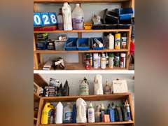 A lot of miscellaneous lubricant, pesticides, chemicals, and hardware. Shelf comes with.