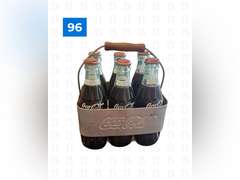 6 Full Vintage Coke Bottles with Wooden Handle Carrier