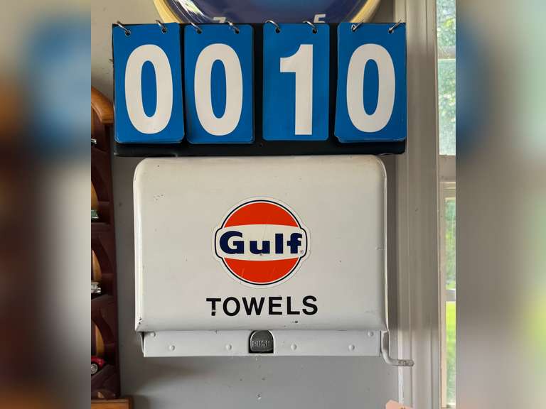 Paper Towel Holder with Gulf Sticker, Chevrolet Wall Bottle Opener, Tom's Peanuts Display Rck